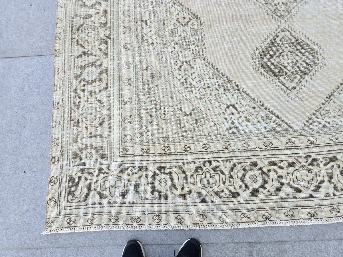 Turkish Rug 8x10, Sand Beige Vintage Area Rug, Hand Knotted Brown Neutral Wool Tribal Medallion Carpet for Living Room, Retro Nursery Decor