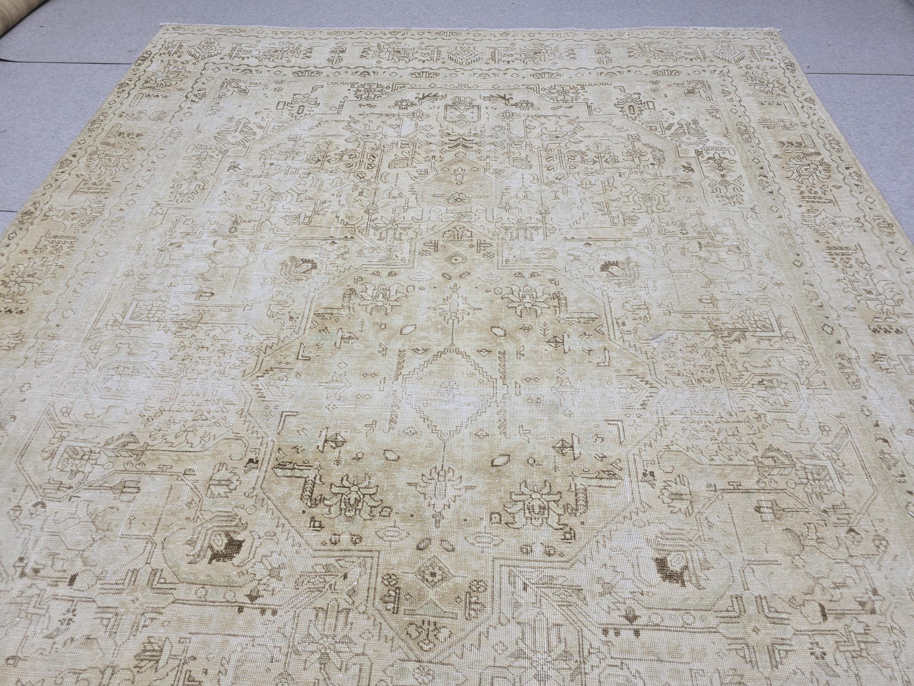 8x11 Vintage Hand Knotted Wool Rug, Muted Neutral Oushak Style, 8x11 Distressed Area Rug