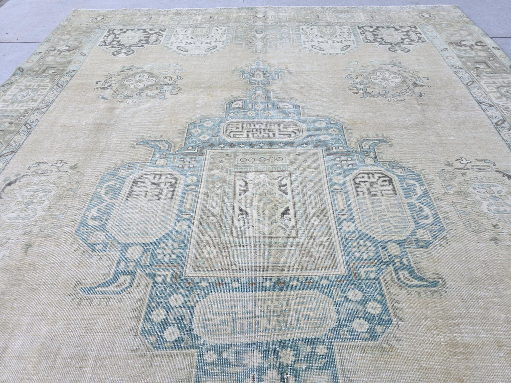 10x12 Turkish Rug Vintage Beige/Cream Blue Hand Knotted Oushak Area Carpet