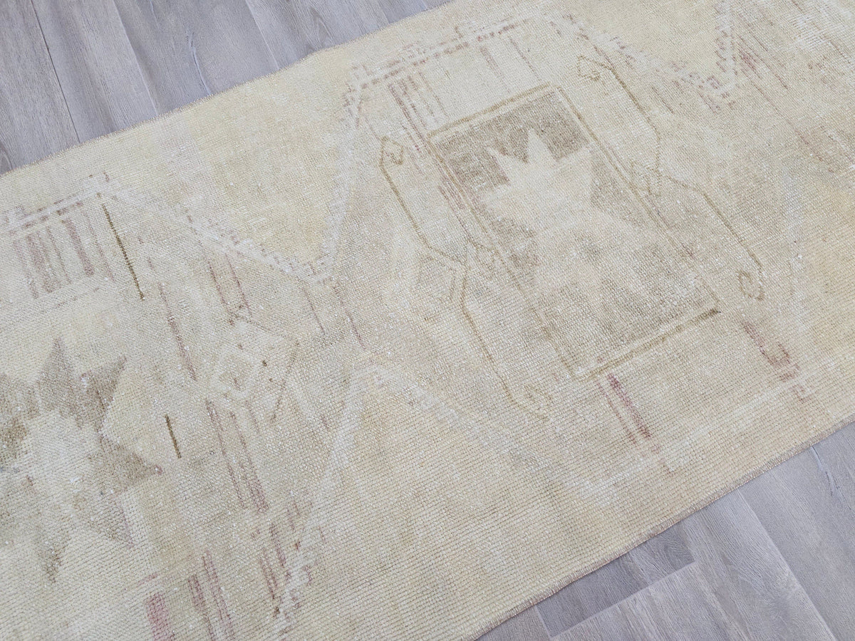 Antique Turkish Oushak Runner Rug: Beige Cream Wool, 3x12 ft