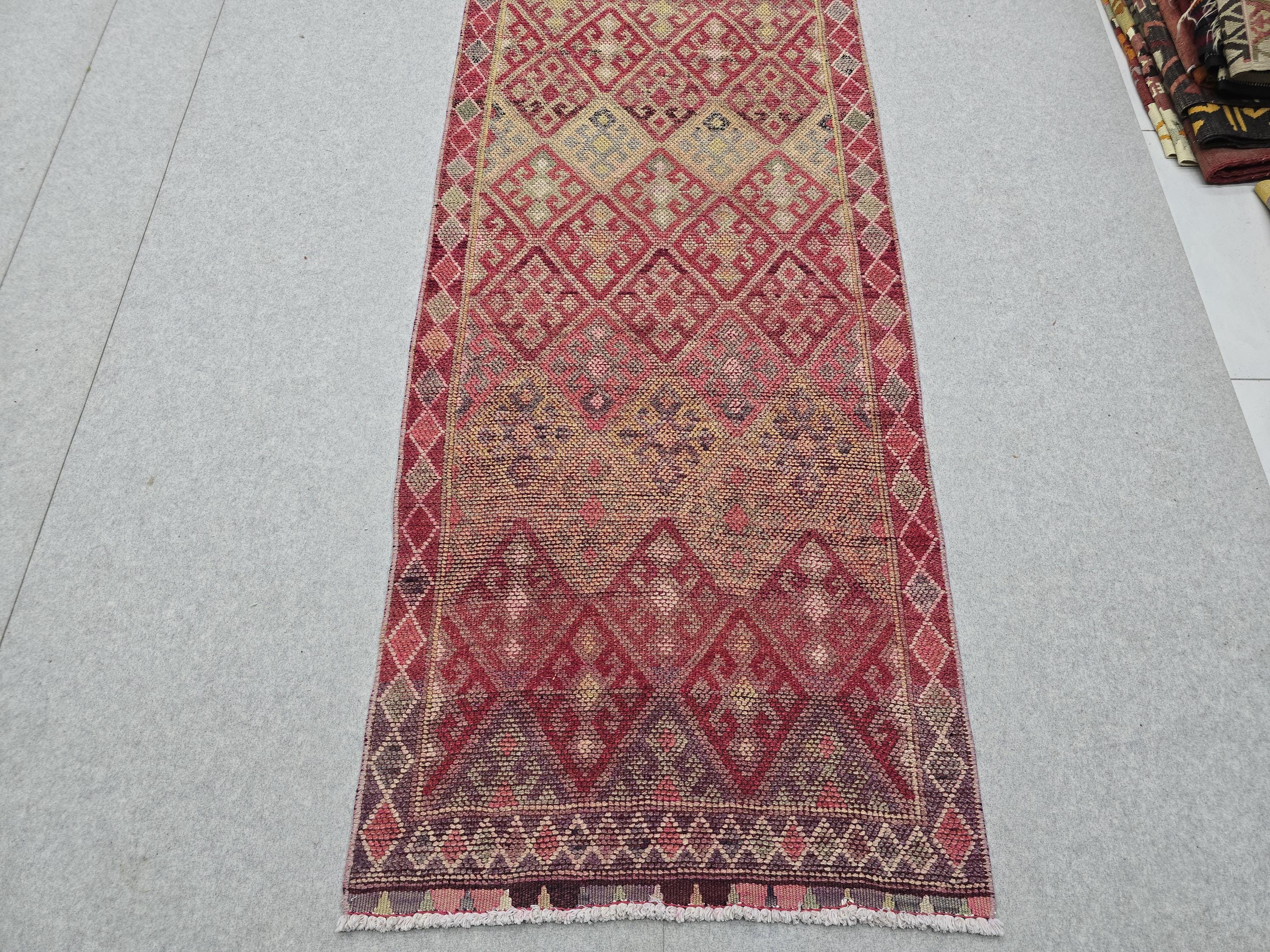 3x14 Vintage Oushak Runner Rug: Hand-Knotted Wool Turkish runner rug for Kitchen and Stairs - Long Hallway runner (2.75x14.4 ft)