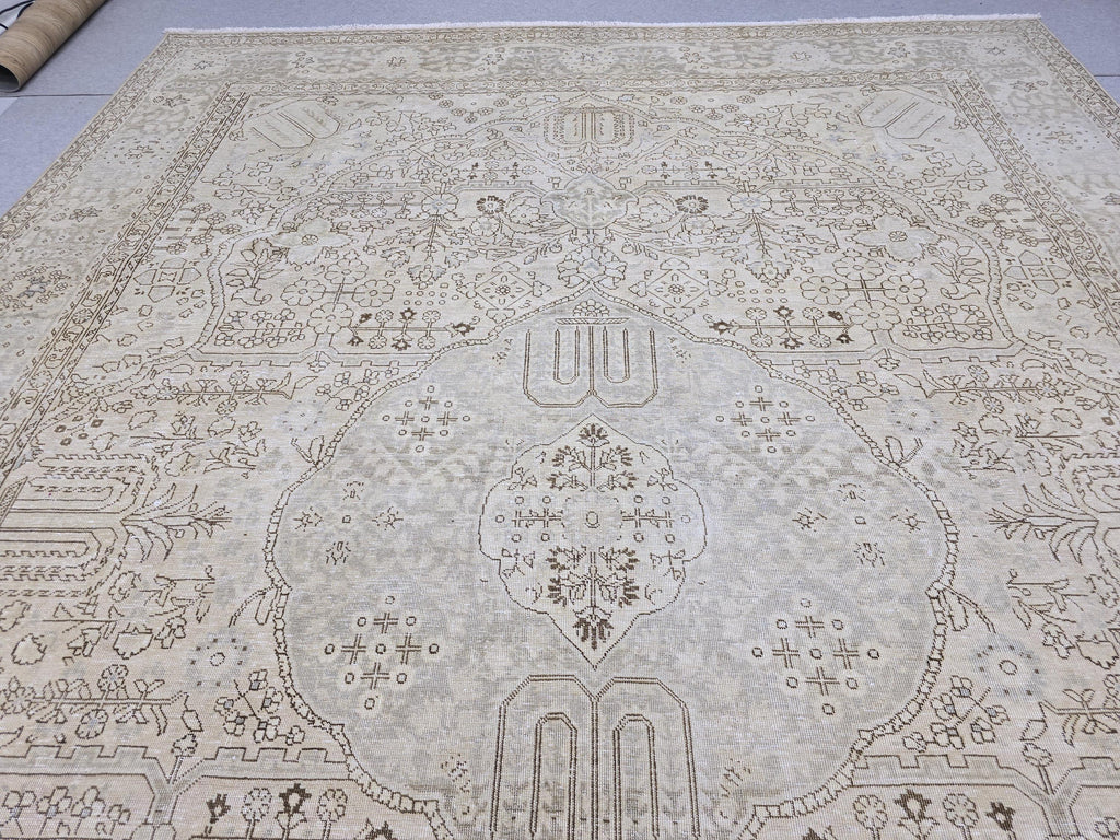Oushak Rug 9x12, Muted Beige Cream Vintage Turkish Area Rug, Medallion Floral Wool Rug for Living Room