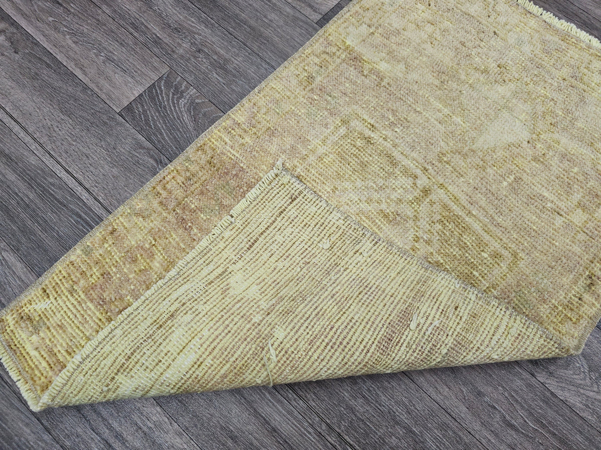 Hand Knotted Wool Bath Mat: 21x33 Neutral Vintage Turkish Oushak Rug