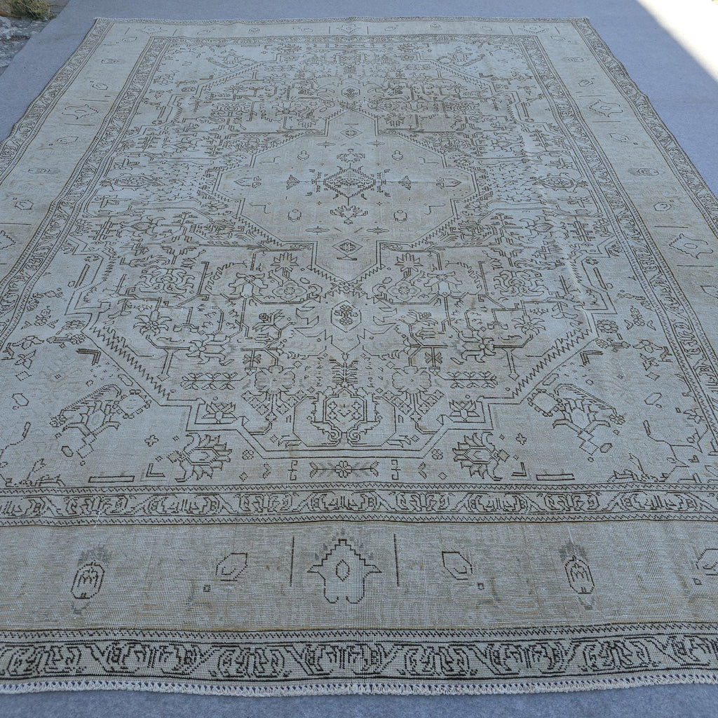 9x12 Neutral Vintage Area Rug/ Hand Knotted Wool Oushak Rug for Livingroom/ Authentic Turkish Rug/ Cream/Beige Wool Area Rug/Extra Large Rug