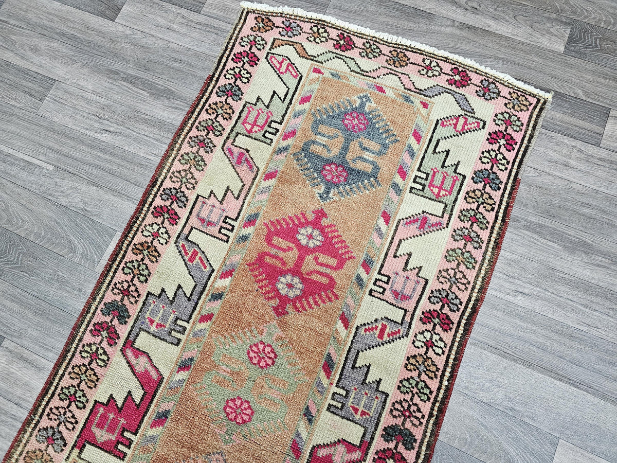 Vintage Wool Runner Rug: 2.5x13.10 ft, Pastel Colors, Traditional Anatolian Hallway Rug
