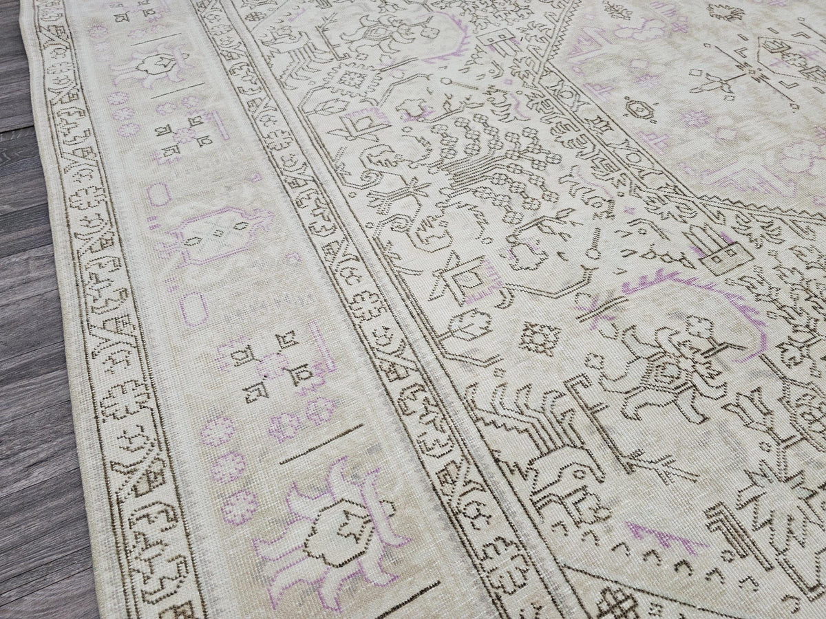Faded Oushak Wool Area Rug: 9x12 Light Pink Beige Turkish Rug