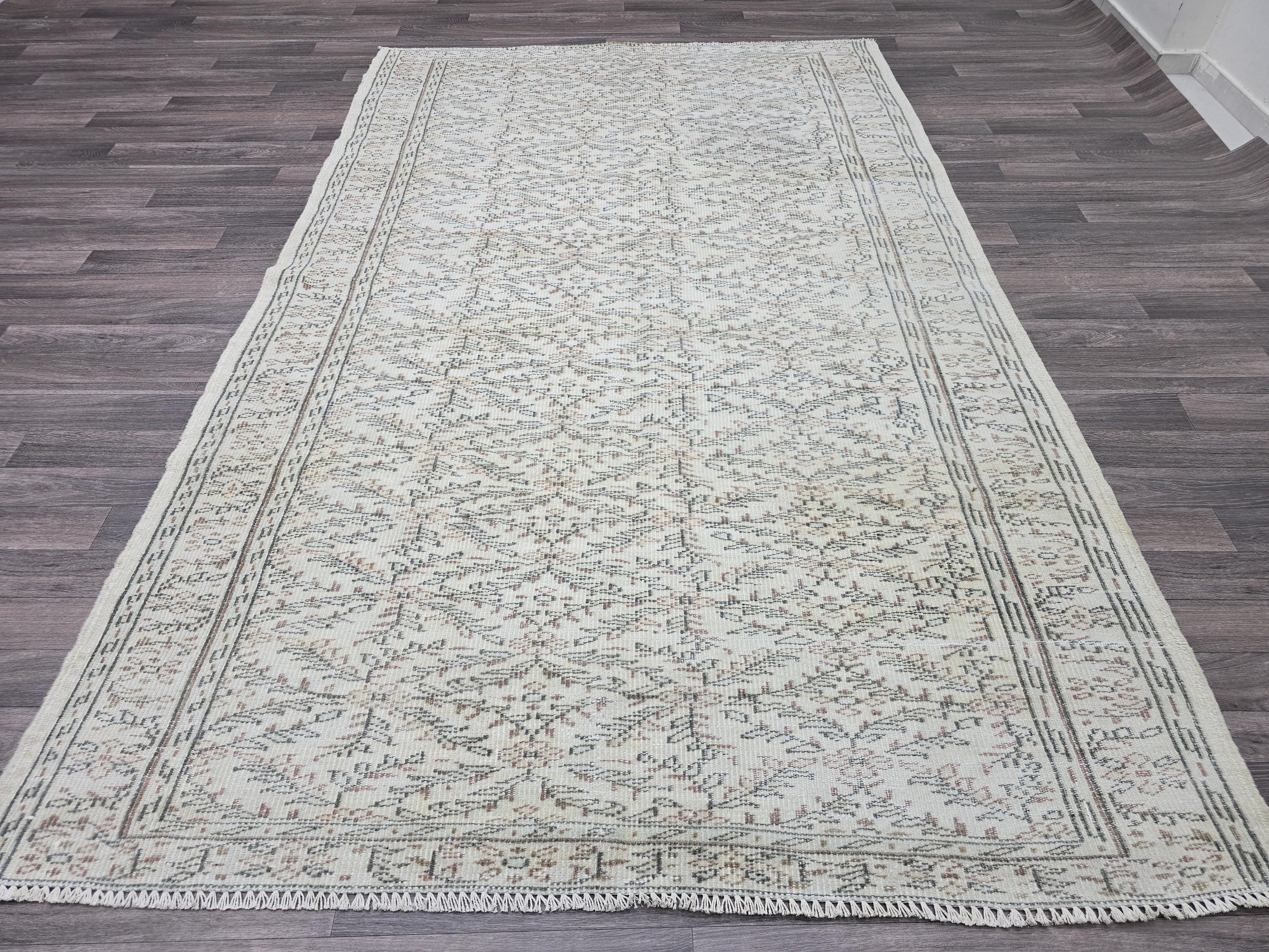 6x9 Vintage Turkish Oushak Rug: Handmade Wool Ivory Beige Carpet