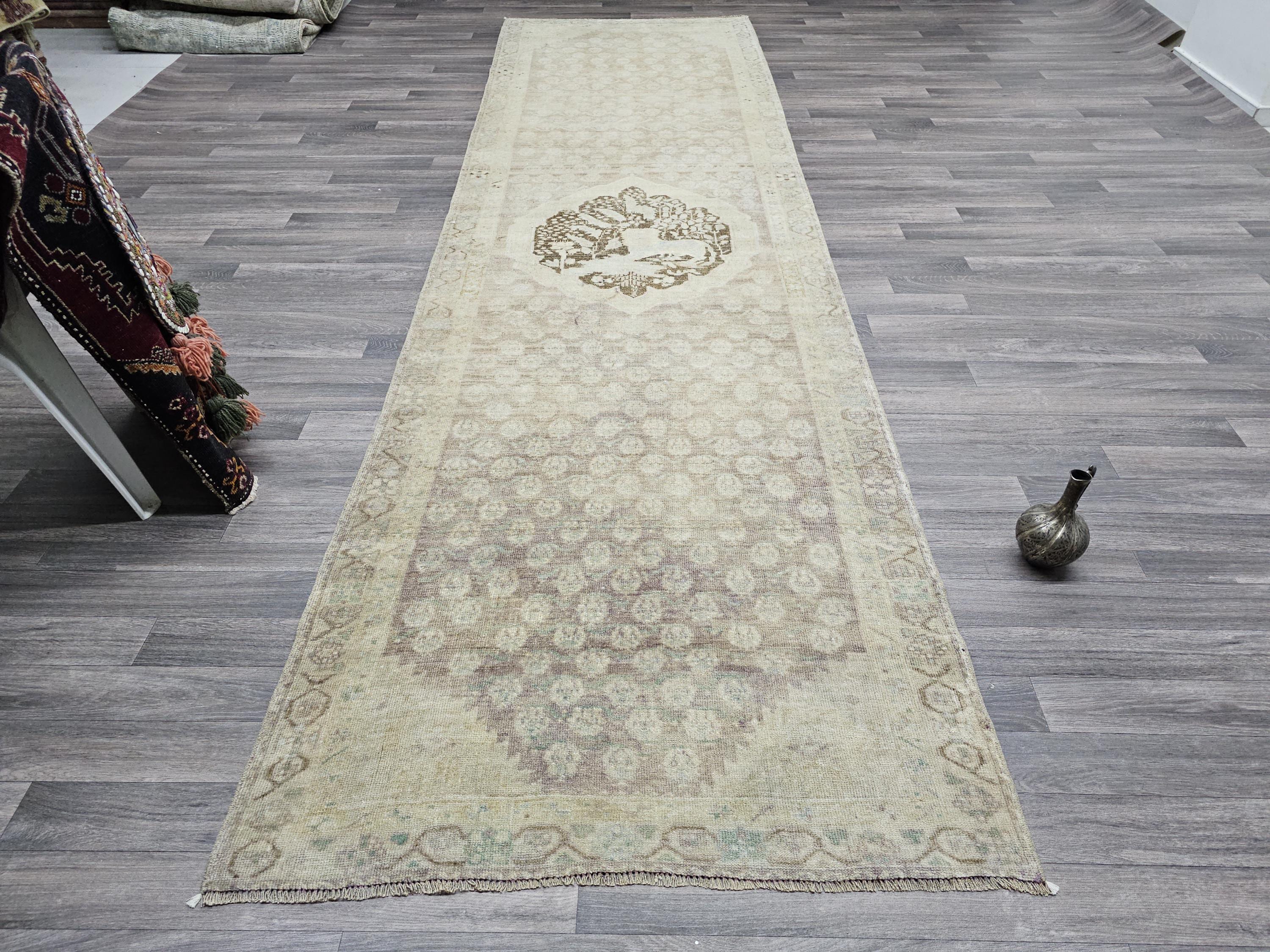 Neutral Oushak Runner Rug: Wide Long Turkish Vintage Wool Runner (3.60 X 12.75 feet)