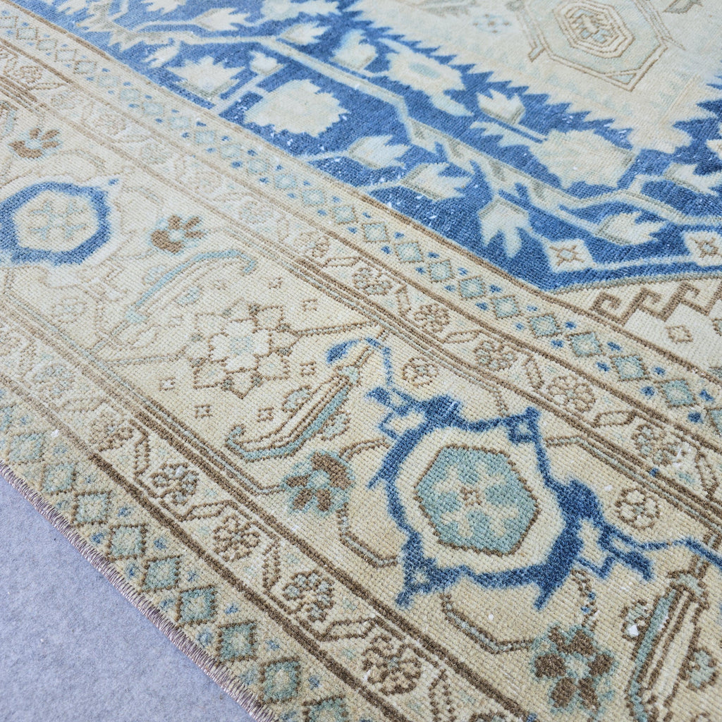 7x10 Vintage Oushak Rug Blue Cream Geometric Hand Knotted Turkish Area Carpet