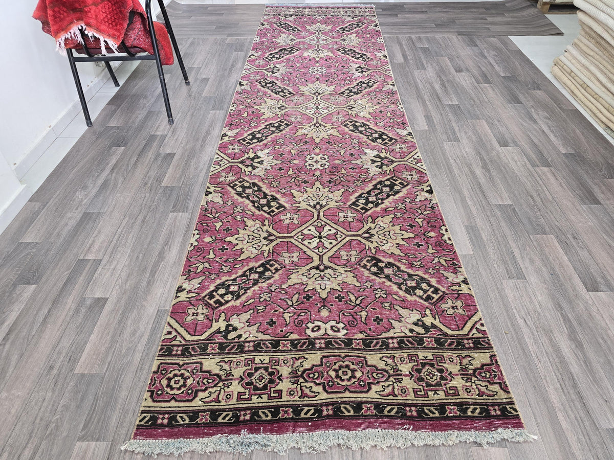 Hand-Knotted Wool Runner Rug: Vintage Floral Bohemian Decor (3.60x13.65 Feet)