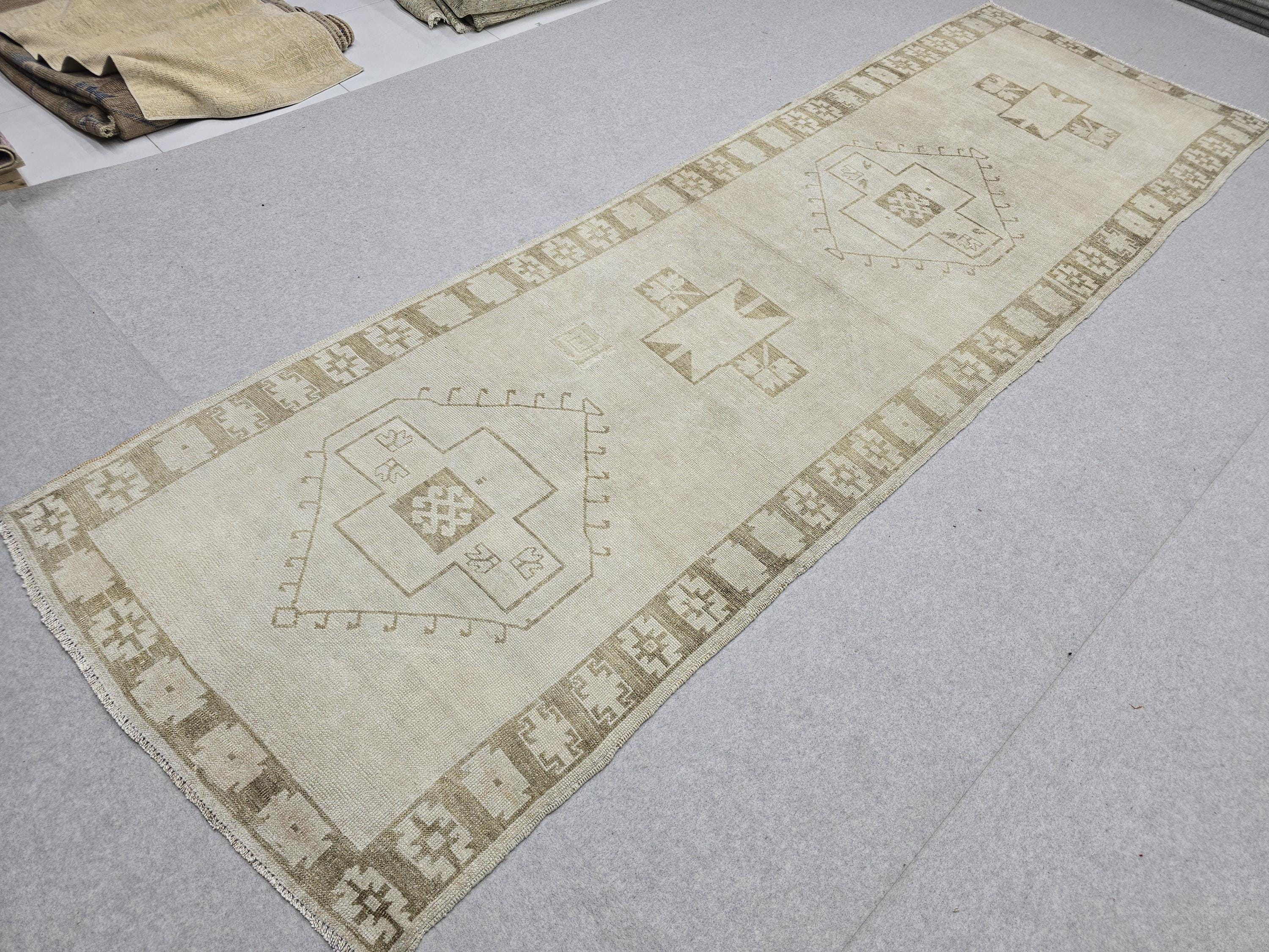 Oushak Rug 4x12, Neutral Runner Rug, Faded Hand Knotted Wool Turkish Runner, Muted Beige Hallway Rug, Vintage Boho Stair Neutral Runner