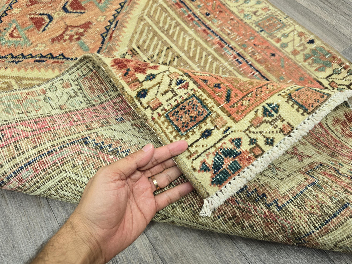Vintage Heriz Runner Rug: Hand-Knotted Pastel Geometric Hallway Rug