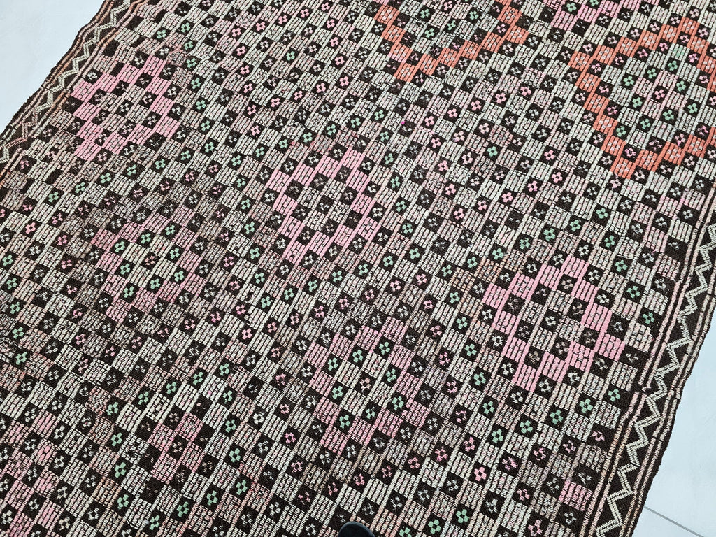 Handmade Wool Checkered Rug: 6x10.75 ft Vintage Eclectic Carpet