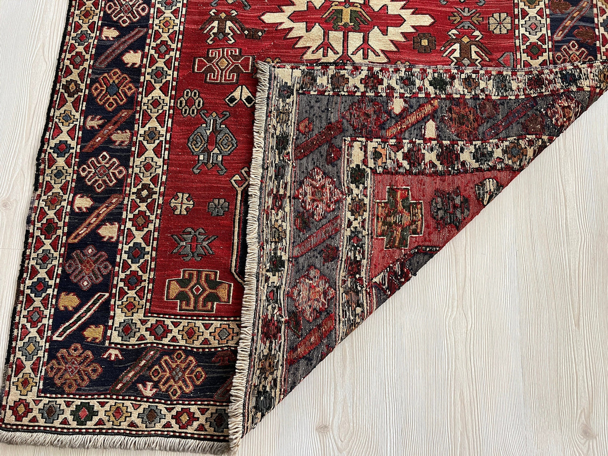 Vintage Anatolian Soumak Wool Rug: 4x5 Tribal Entryway Carpet