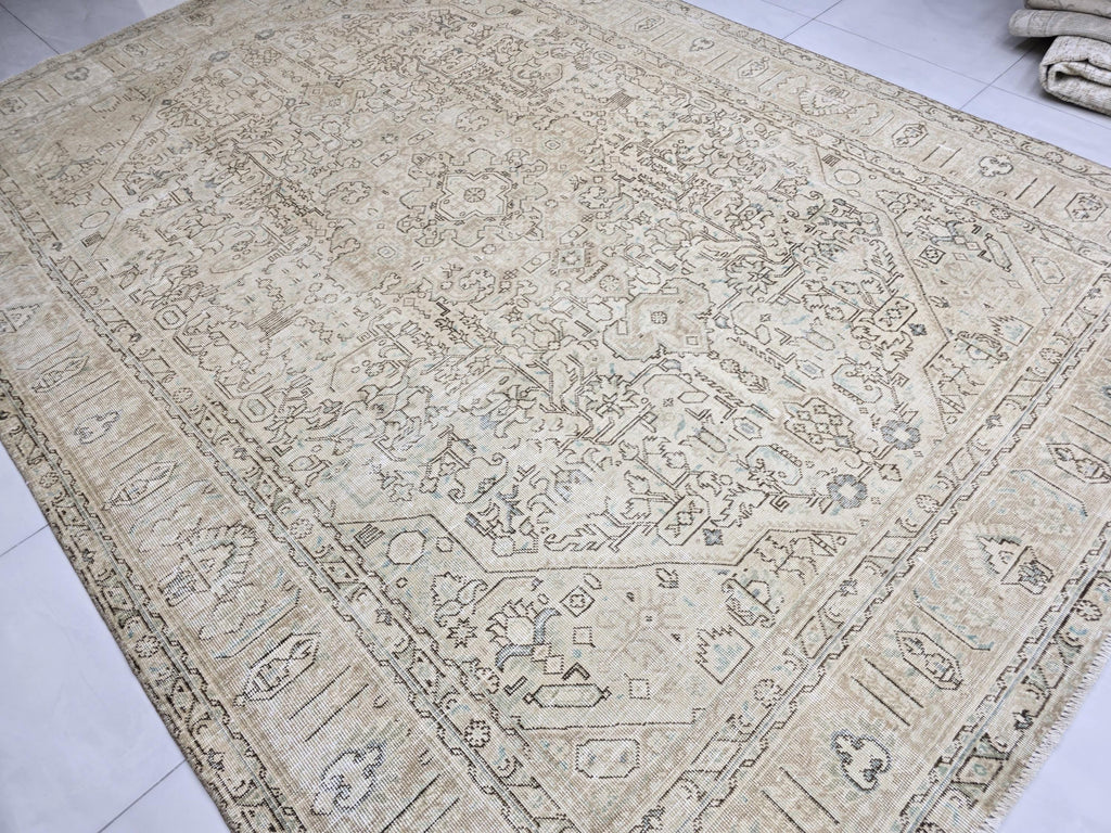 Oushak Rug 8x11, Faded Oatmeal Beige Turkish Area Rug with Soft Blue Accents, Hand Knotted Wool Carpet for Dining Room, Bedroom