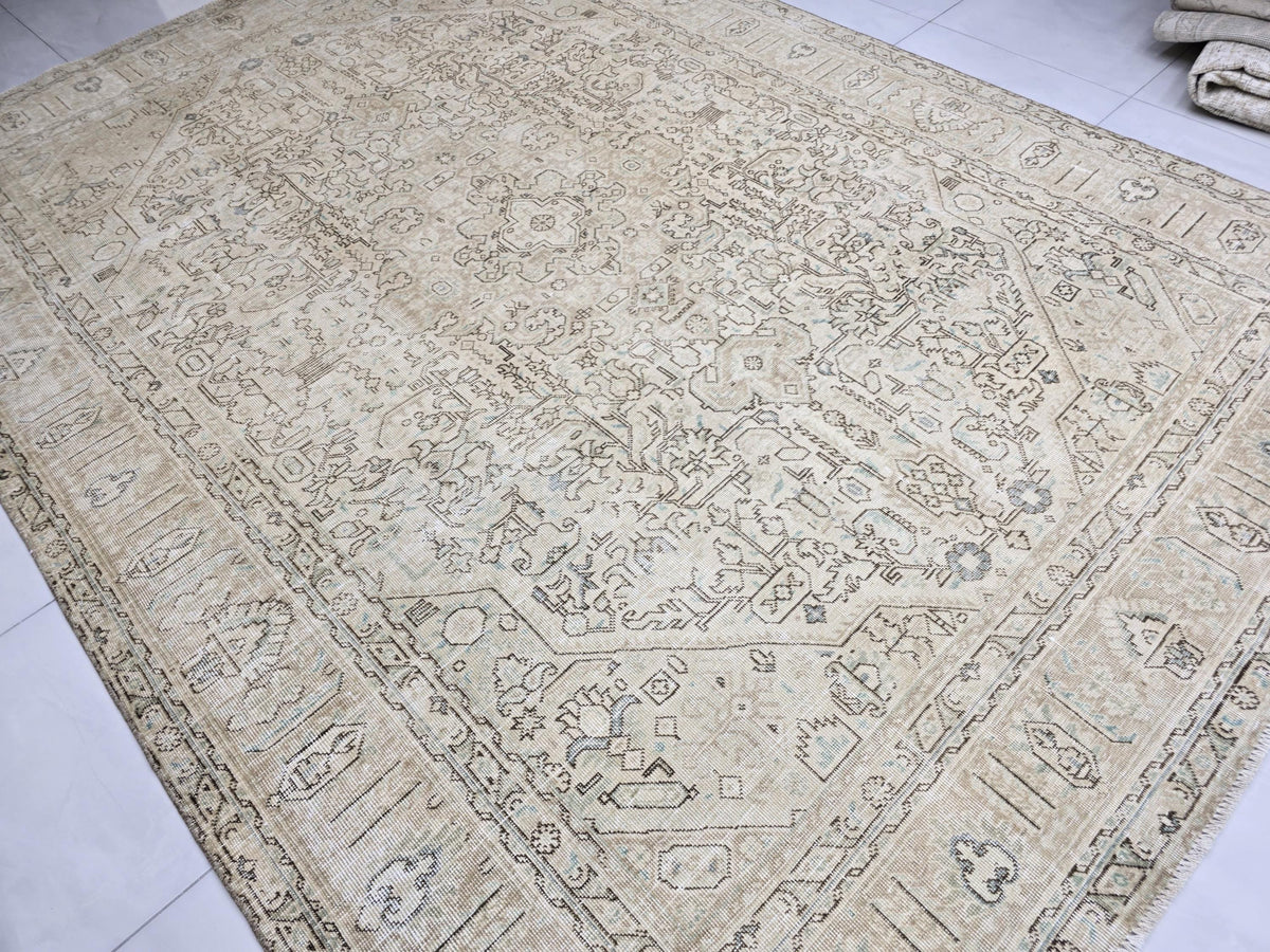 Oushak Rug 8x11, Faded Oatmeal Beige Turkish Area Rug with Soft Blue Accents, Hand Knotted Wool Carpet for Dining Room, Bedroom
