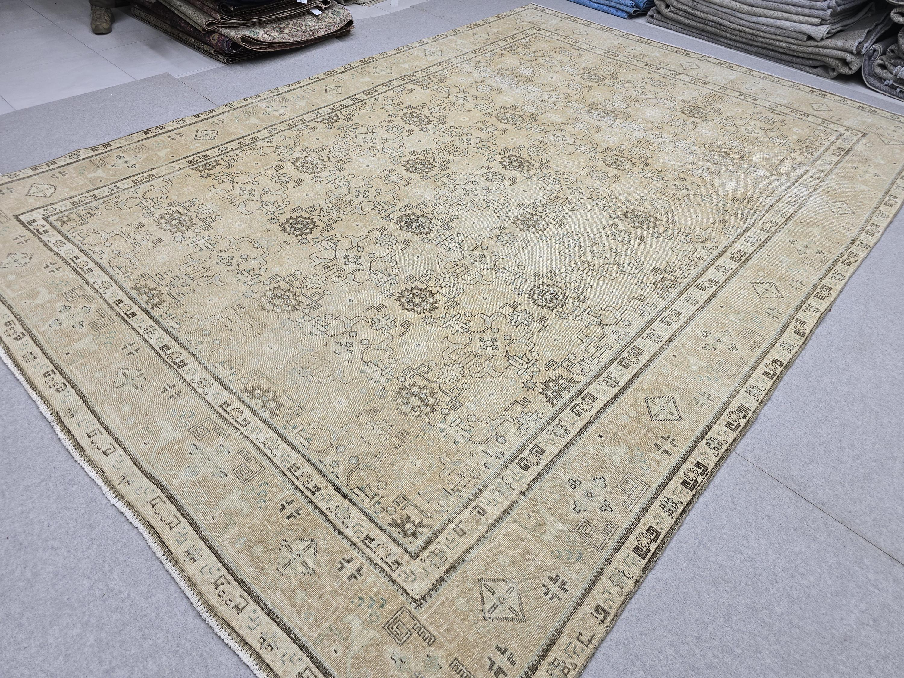 Oushak Rug 9x13 Faded Neutral Vintage Turkish Carpet Hand Woven Distressed Area Rug