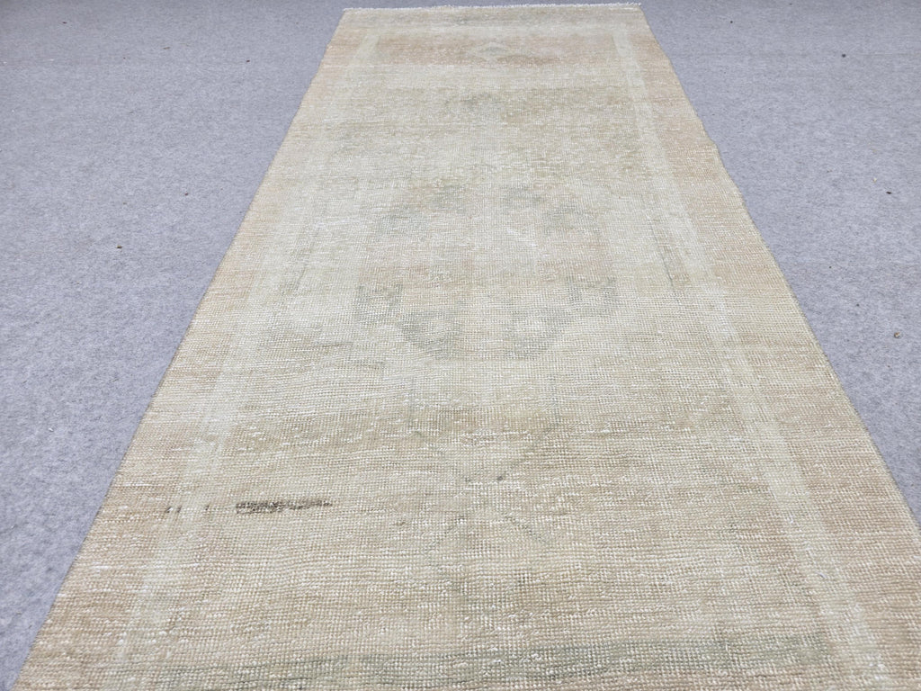 Oushak Runner Rug 3x13, Faded Apricot Beige Hallway Runner, Extra Long Wool Kitchen Runner, Soft Sage Entry Rug for Home Office Decor