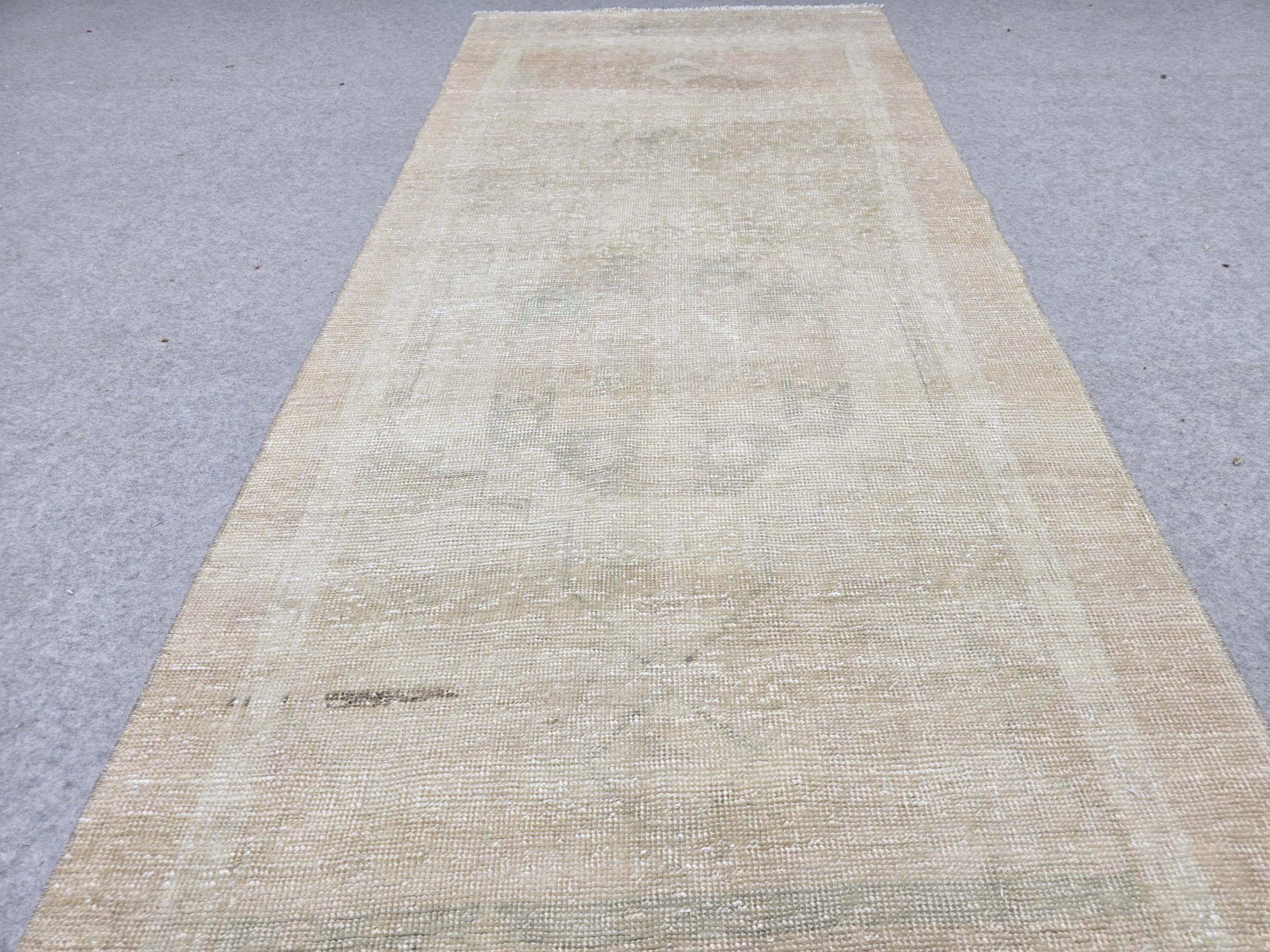 Oushak Runner Rug 3x13, Faded Apricot Beige Hallway Runner, Extra Long Wool Kitchen Runner, Soft Sage Entry Rug for Home Office Decor