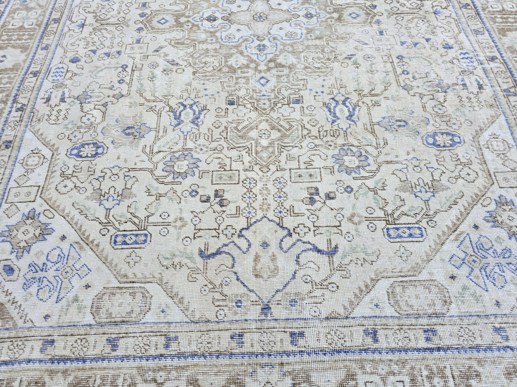 Oushak Rug 8x11, Vintage Turkish Rug, Blue Beige Area Rug, Hand Knotted Wool Rug, Faded Living Room Rug, Boho Neutral Carpet