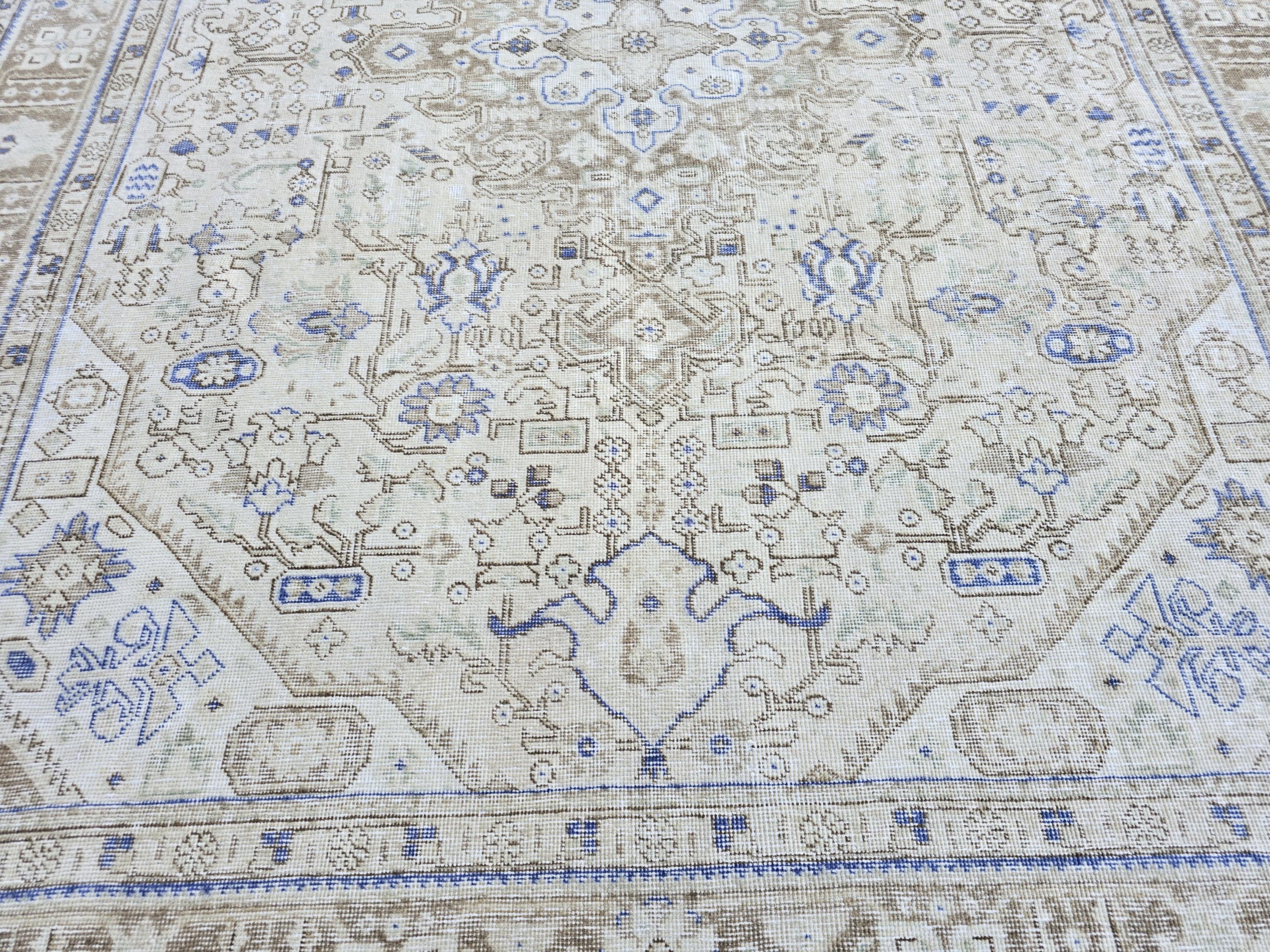 Oushak Rug 8x11, Vintage Turkish Rug, Blue Beige Area Rug, Hand Knotted Wool Rug, Faded Living Room Rug, Boho Neutral Carpet