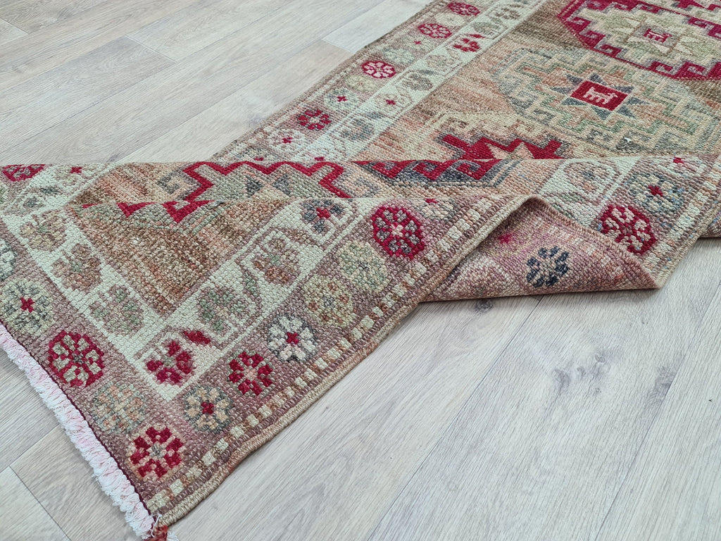 Hand Woven Wool Runner Rug: Vintage Oushak Herki Design (2.85x11.8 feet)