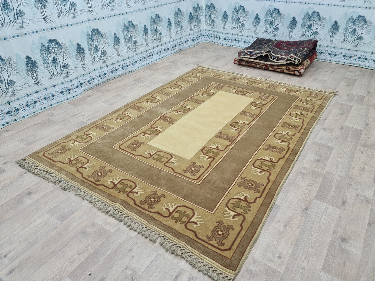 Handmade Oushak Rug 6x9: Modern  Area Carpet  Milas Design, Soft Neutral Colors