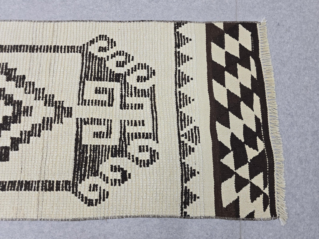 Vintage Rug Runner 2x11, Ivory Black Tribal Hand Knotted Wool Hallway Runner, Anatolian Geometric Boho Stair Runner