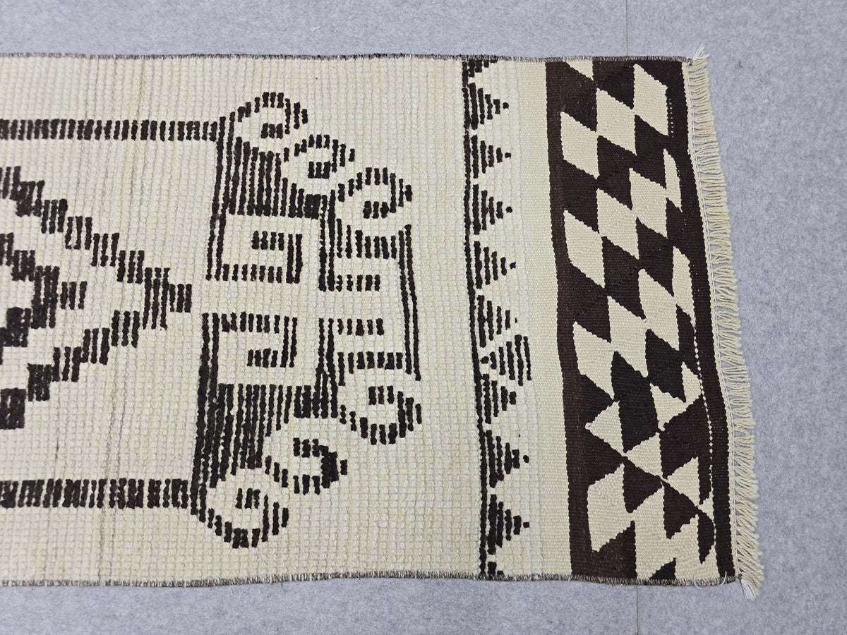 Vintage Rug Runner 2x11, Ivory Black Tribal Hand Knotted Wool Hallway Runner, Anatolian Geometric Boho Stair Runner