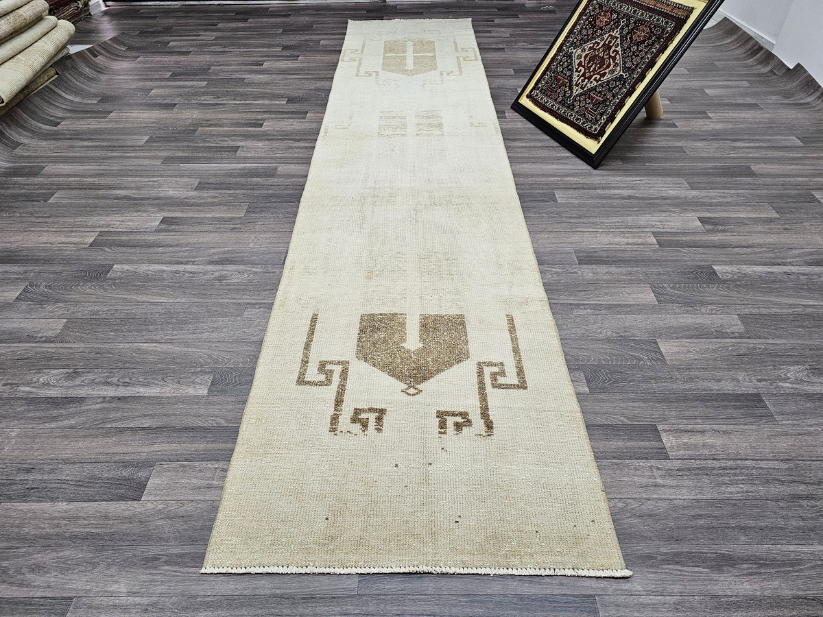 Hand-Knotted Wool Runner: Beige Cream Brown Antique Hallway Rug