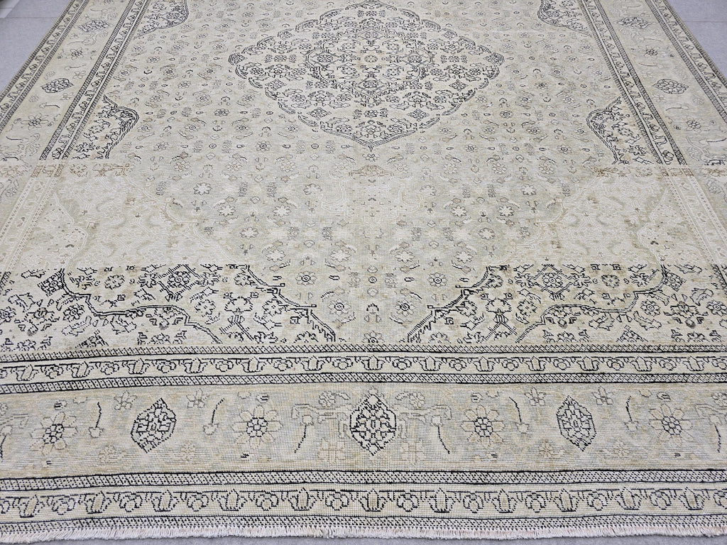 10x12 Vintage Rug | Cream Ivory Tabriz Style Hand Knotted Wool Rug | Neutral Beige Turkish Carpet 9x12