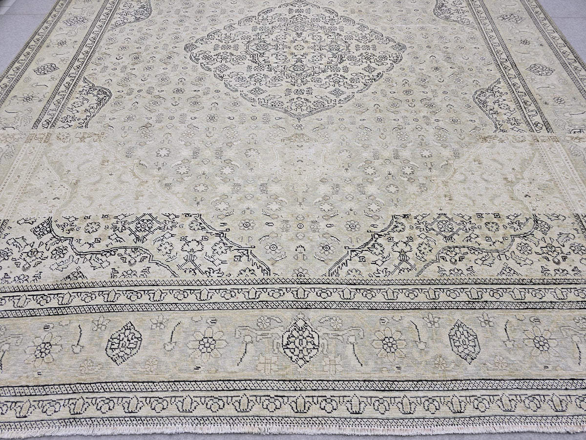 10x12 Vintage Rug | Cream Ivory Tabriz Style Hand Knotted Wool Rug | Neutral Beige Turkish Carpet 9x12
