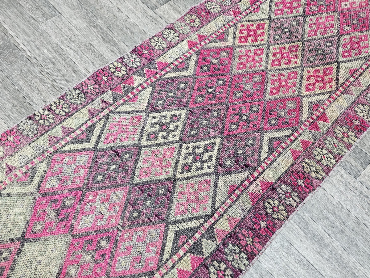 Hand Knotted Wool Turkish Runner: Vintage Geometric Hallway Rug (2.70x14.70 ft)