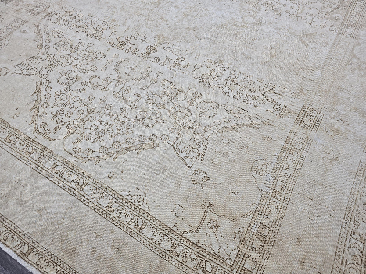 9x12 Vintage Turkish Rug Oushak | Beige Cream Large Area Carpet Handmade Wool Rug