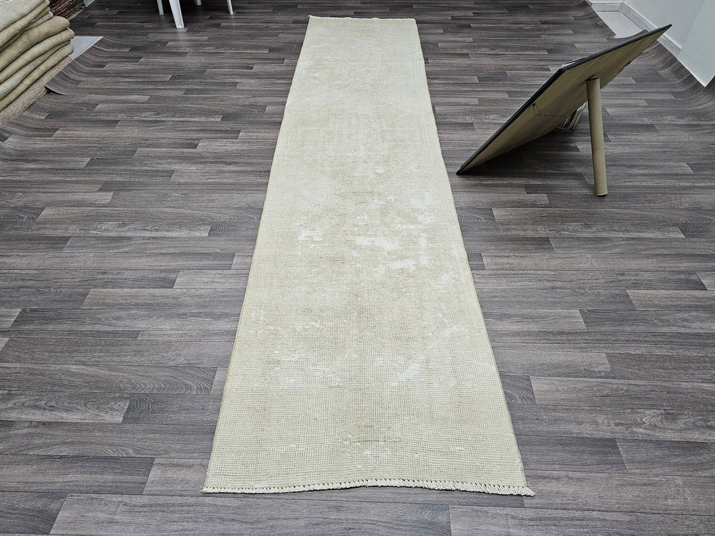 Handmade Wool Oushak Runner: Narrow Beige Hallway Rug (2.80x12.25 feet)