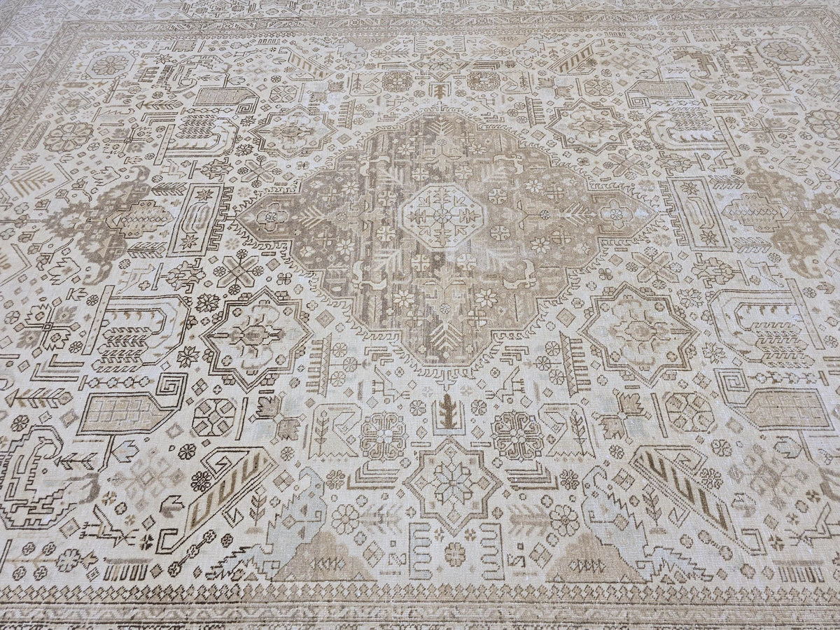 Hand Knotted Oushak Rug | Muted Sand Beige Vintage Turkish Wool Area Carpet
