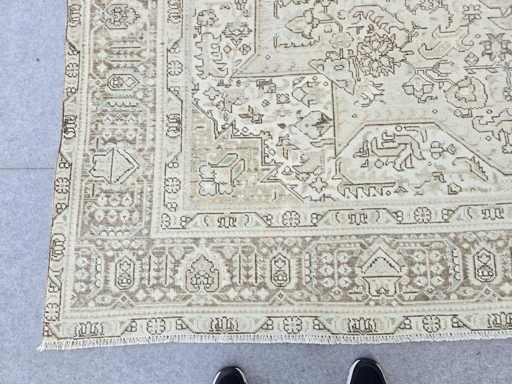 Oushak Rug 9x12:  High Quality Neutral Vintage Turkish Wool Area Rug 9.35x12.15 ft.