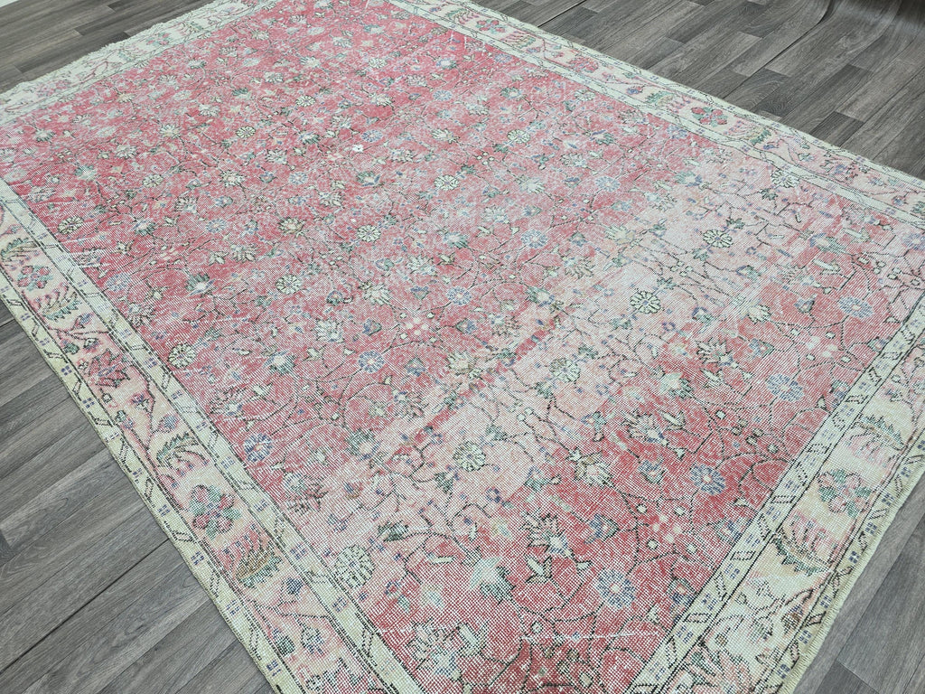 7x10 Vintage Turkish Rug  Cream Pink Oushak Rug Hand knotted Wool Area Rug Floral Living Room Carpet Pastel Oriental Rug