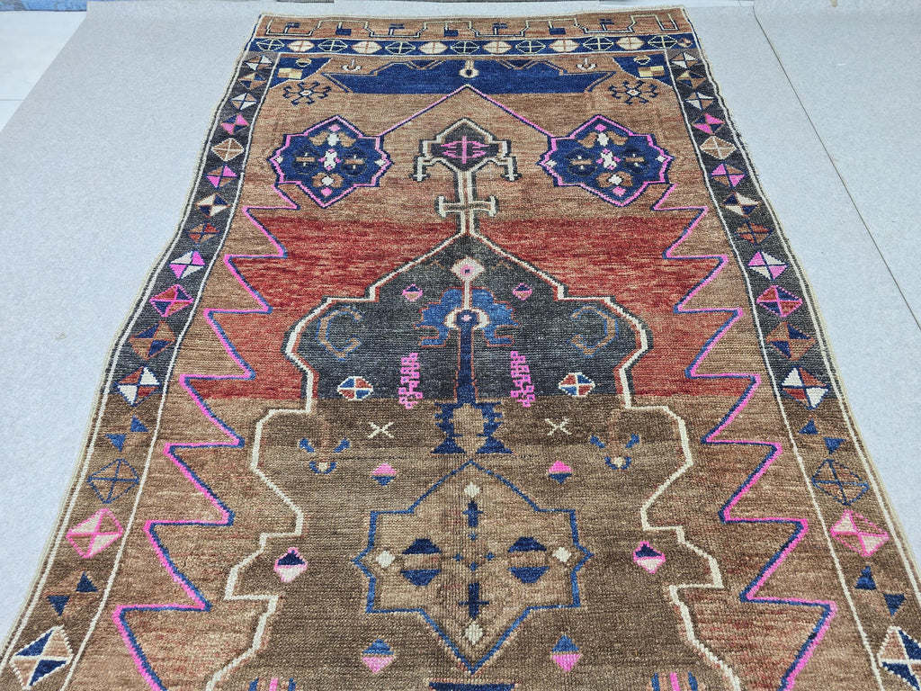 Turkish Oushak Rug 5x13, Vintage Wide Runner Rug, Hand Knotted Wool Kars Rug,  Anatolian Hallway Rug, Brown Red Boho Living Room Carpet