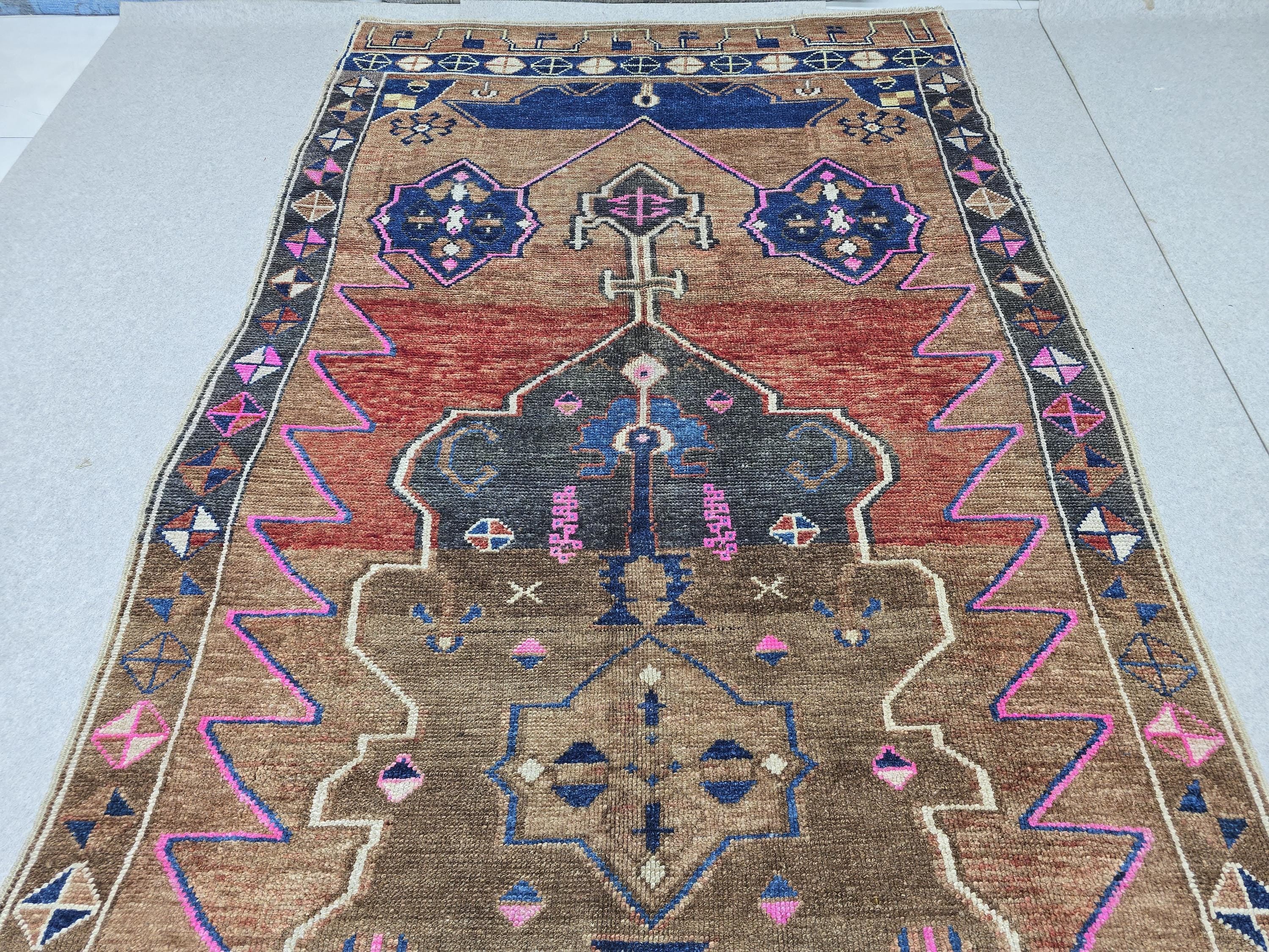 Turkish Oushak Rug 5x13, Vintage Wide Runner Rug, Hand Knotted Wool Kars Rug,  Anatolian Hallway Rug, Brown Red Boho Living Room Carpet