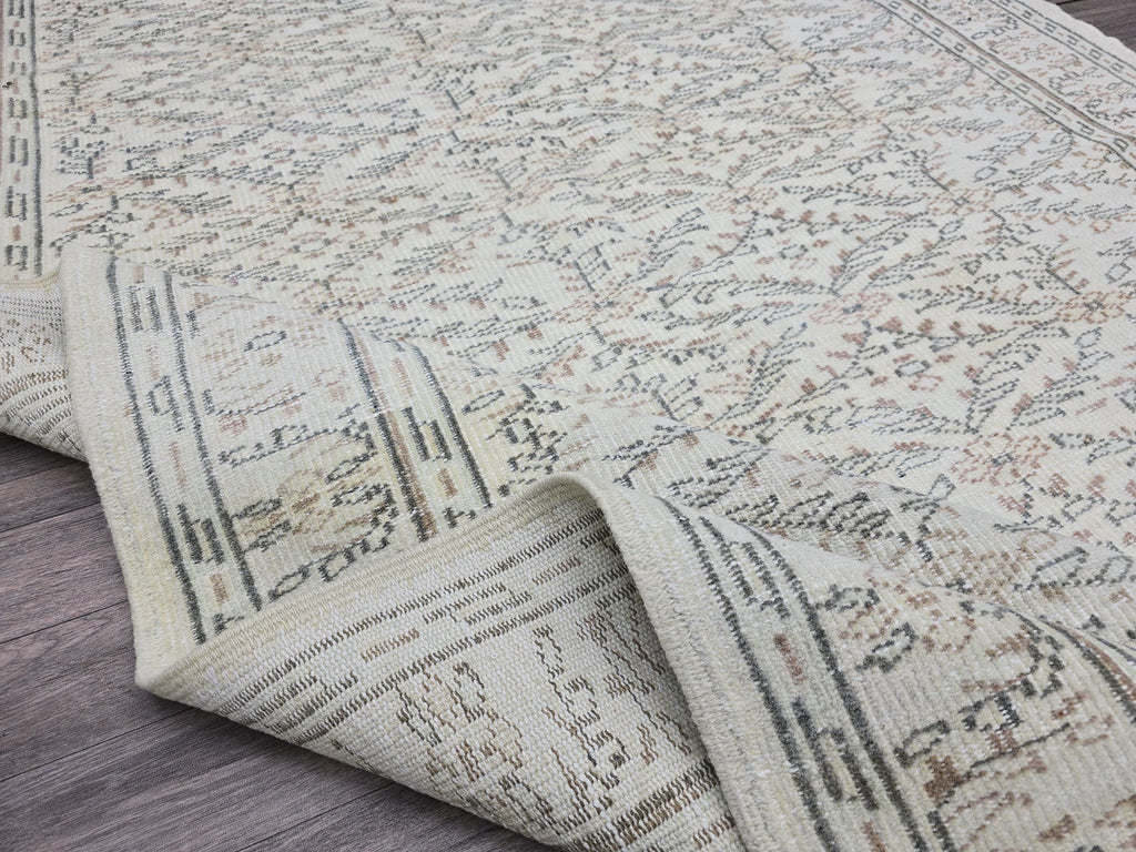 6x9 Vintage Turkish Oushak Rug: Handmade Wool Ivory Beige Carpet