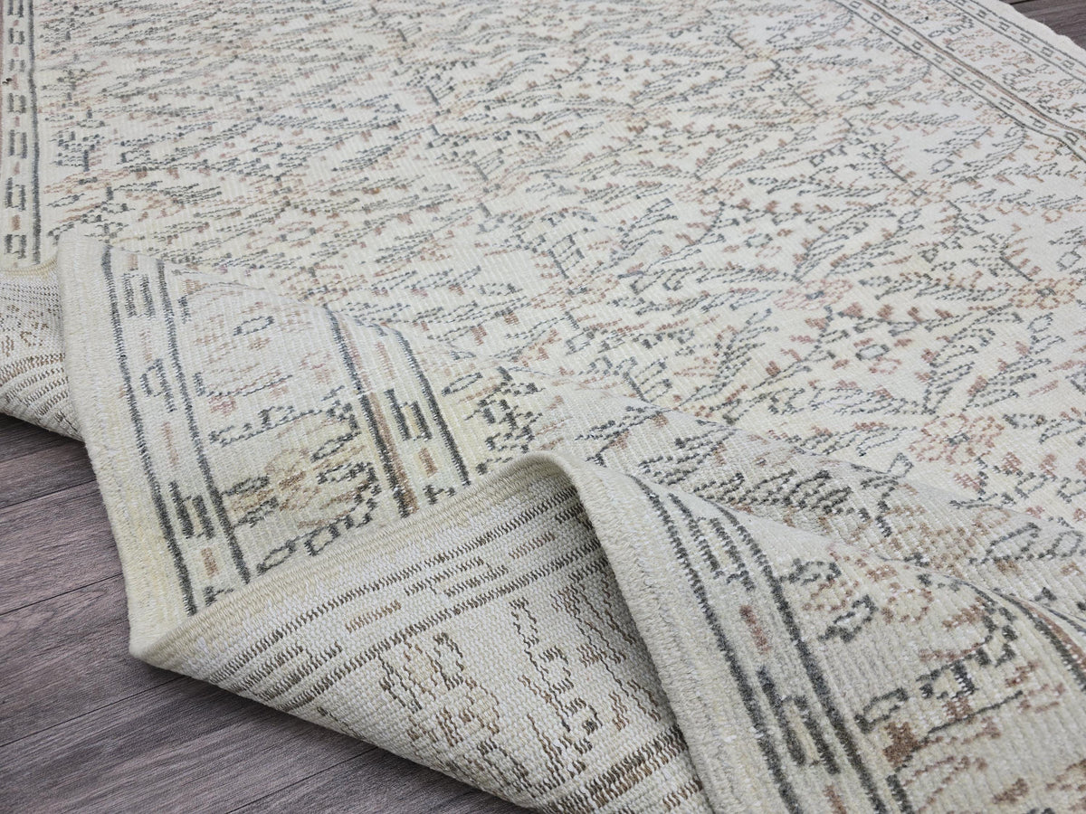 6x9 Vintage Turkish Oushak Rug: Handmade Wool Ivory Beige Carpet