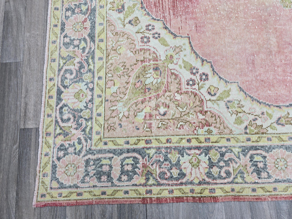 Vintage Turkish Oushak Rug: 7x11 Pink Floral Wool Carpet