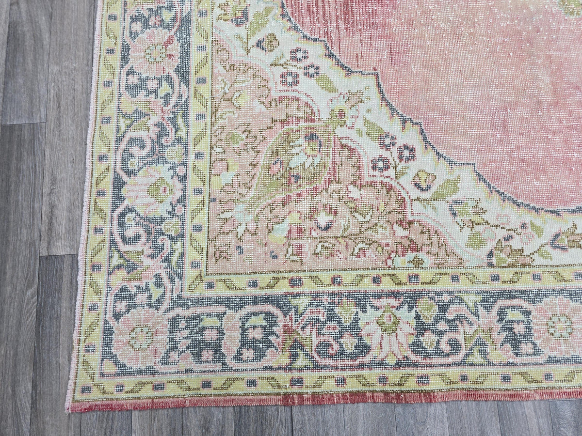 Vintage Turkish Oushak Rug: 7x11 Pink Floral Wool Carpet