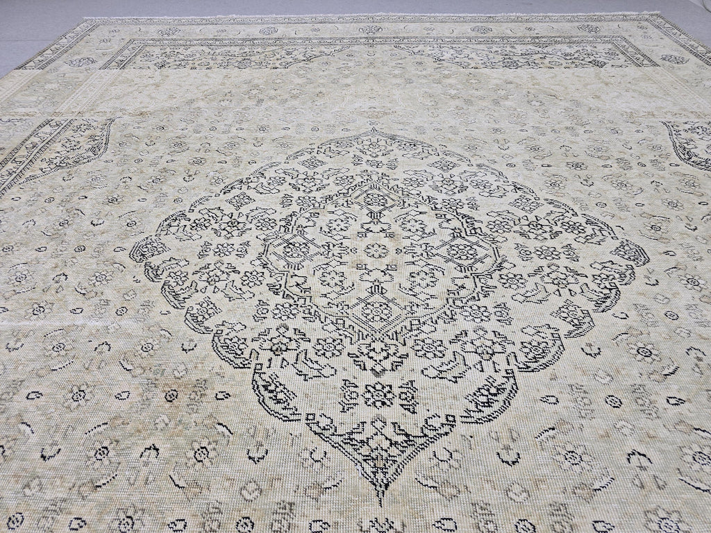 10x12 Vintage Rug | Cream Ivory Tabriz Style Hand Knotted Wool Rug | Neutral Beige Turkish Carpet 9x12