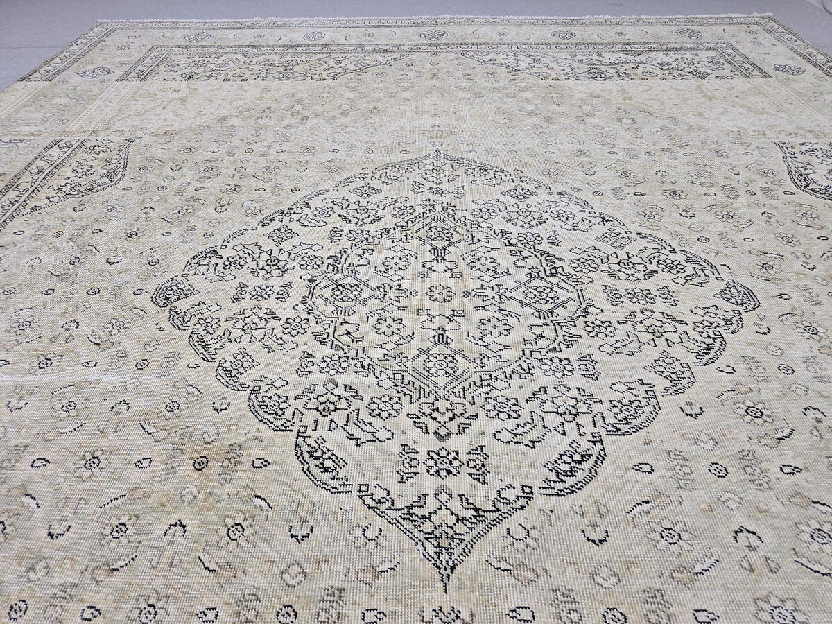 10x12 Vintage Rug | Cream Ivory Tabriz Style Hand Knotted Wool Rug | Neutral Beige Turkish Carpet 9x12