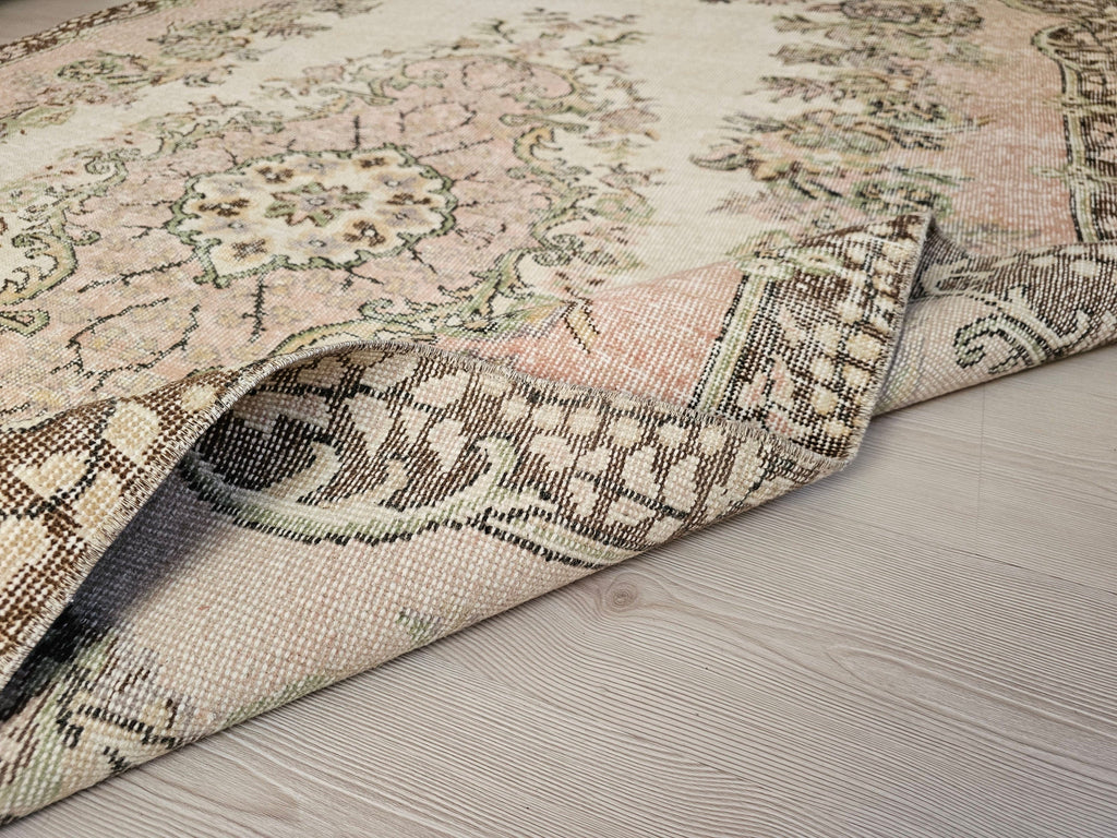 6x10 Vintage Turkish Oushak Rug: Hand-Knotted Wool Area Rug Pink Cream Brown Wool Rug for Diningroom and Office