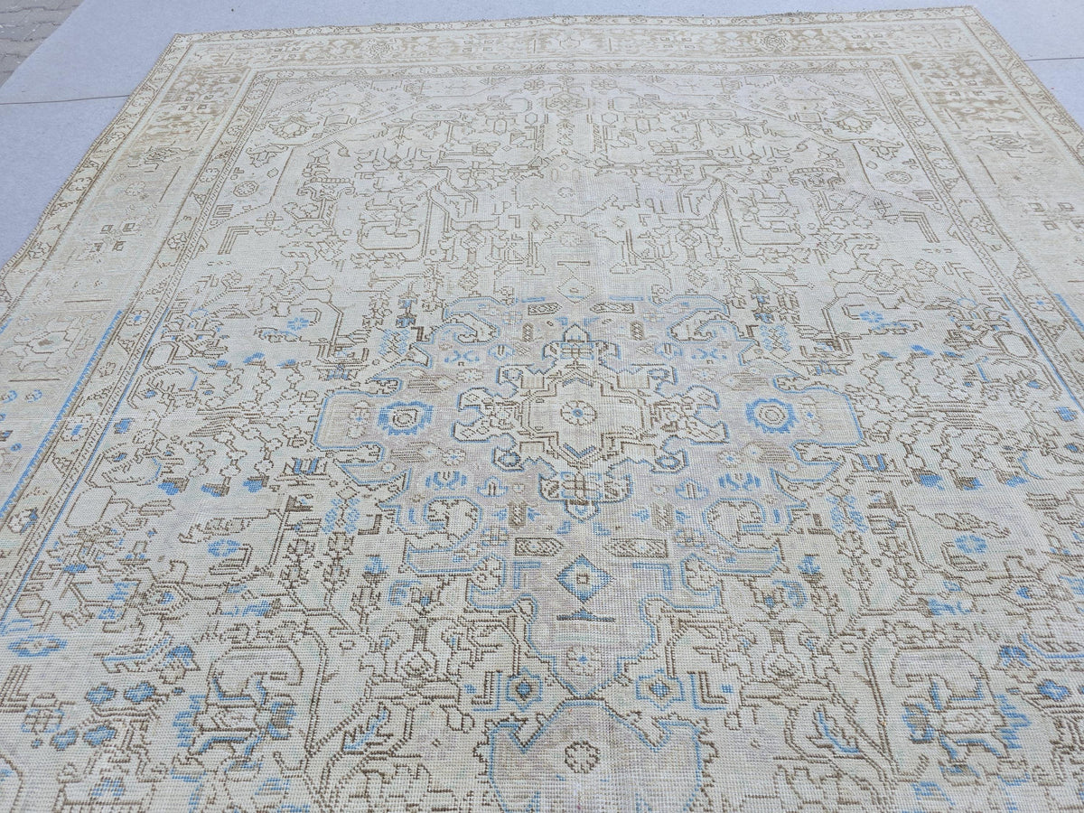 9x12 Neutral Area Rug Vintage / Beige and Blue Handmade Wool Oushak Rug