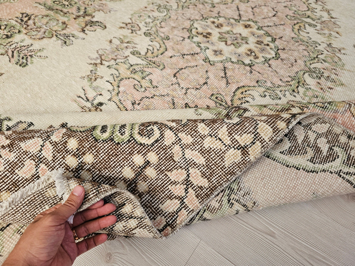 6x10 Vintage Turkish Oushak Rug: Hand-Knotted Wool Area Rug Pink Cream Brown Wool Rug for Diningroom and Office