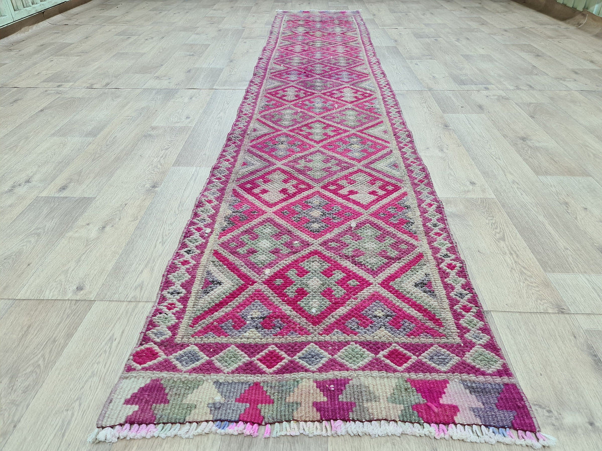 Vintage Hand Knotted Wool Runner Rug: Colorful Herki Design (2.23 x 12 ft)